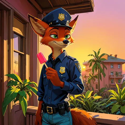 by Valerie Hegarty, by Ian McQue, toony (nick wilde) police uniform, jeans, green eyes, three-quarter portrait, big hat, three-quarter view, holding popsicle, sunset, hotel, plant