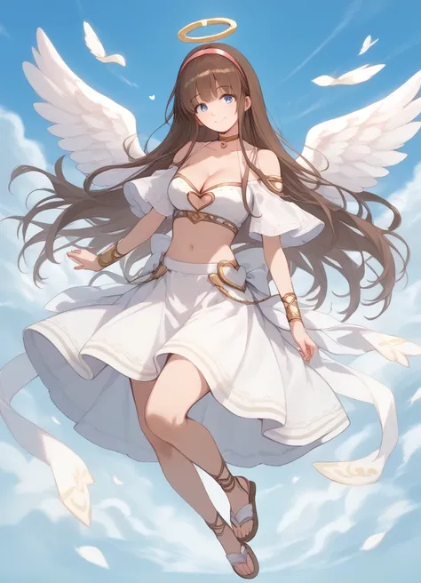 score_9, score_8_up,
1girl, solo, long hair, smile, skirt, brown hair, navel, cleavage, blue eyes, jewelry, full body, heart, hairband, wings, choker, midriff, halo, sandals, white skirt, angel wings, angel,
<lora:hitomiXL:1>