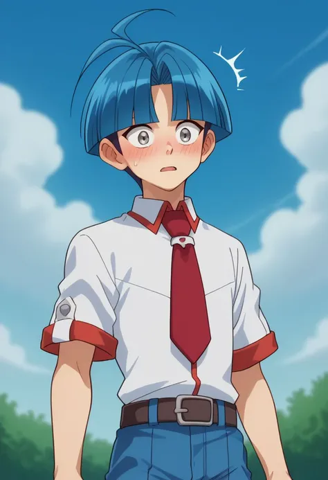 score_9, score_8_up, score_7_up, source_anime, highly detailed, 
caswell, 1boy, male focus, solo, blue hair, necktie, ahoge, red necktie, grey eyes, belt, shirt, school uniform, bangs,  blue pants, pants, white shirt, blush, surprised, parody,
outdoor, sky...