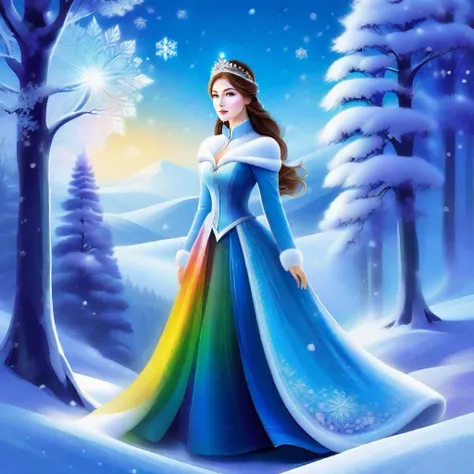 dark princess, night, dark world, darkness, 1girl with prominent eyes, standing in a snowy winter forest, snowflakes gently falling on her, trees heavily laden with snow, expression of serene determination, wearing warm, stylish rainbow winter attire, soft...