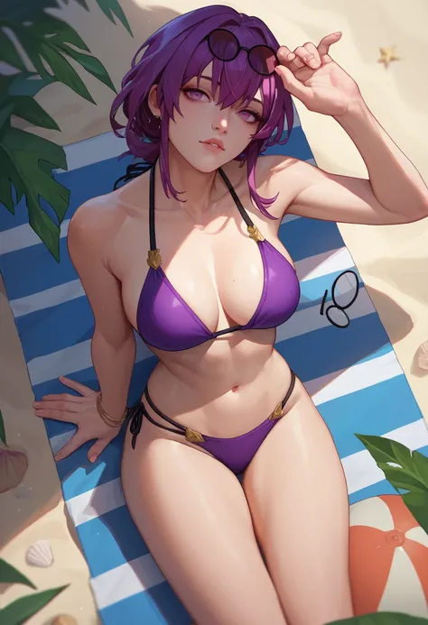 score_9, score_8_up, score_7_up, 1girl,kafker, purple hair, purple eyes, glasses on head, bikini, beach,   <lora:Kafka777-000008:1>