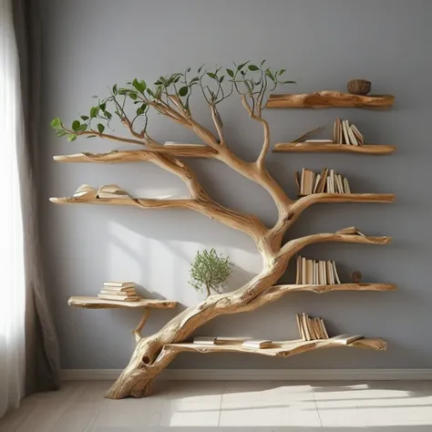 beautiful home decor, A beautiful shelf made of tree branches, bookshelves and shelves built into the wall with books on them, a shelf for plants., a wood shelf made from driftwood in an empty room