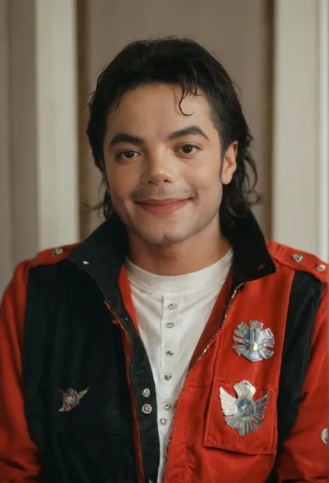 score_9, score_8_up, score_7_up, MichaelJackson, solo, looking at viewer, smile, black hair, 1boy, jacket, male focus, (dark skin,   dark-skinned male:0.7), red jacket,  realistic, 1980s (style),