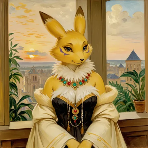 by Blanche Hoschedé Monet, by Berthe Morisot, oil painting (artwork), curvy figure (renamon:1.25), neck tuft, fluffy, half-length portrait, aztec clothing, necklace, gem, aztec mythology, fantasy, building, plant, cloud, inside, sunset