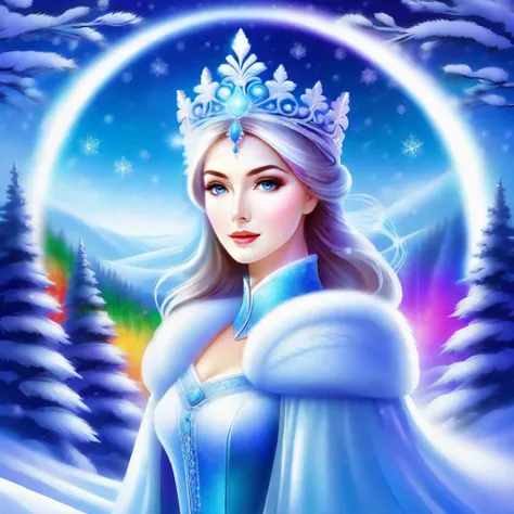 dark princess, night, dark world, darkness, 1girl with prominent eyes, standing in a snowy winter forest, snowflakes gently falling on her, trees heavily laden with snow, expression of serene determination, wearing warm, stylish rainbow winter attire, soft...