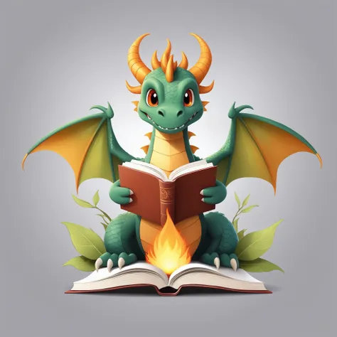 FRESHIDEAS A cartoon dragon who practices spells book bookmark breathing fire claws fire flame full body grey background holding holding book horns leaf no humans open book paper plant potted plant reading sitting solo vines wings,