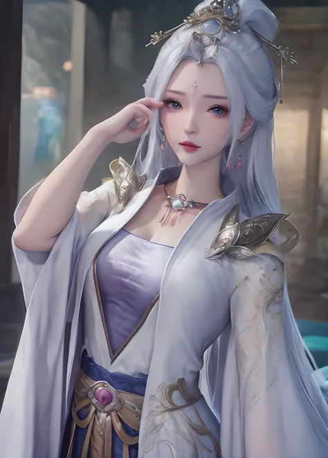 (cowboy_shot:1.4),game cg,1girl,blue eyes,blurry background,chinese clothes,facial mark,forehead mark,hair ornament,jewelry,looking at viewer,solo,white hair,ultra realistic 8k cg,picture-perfect face,flawless,clean,masterpiece,professional artwork,famous ...