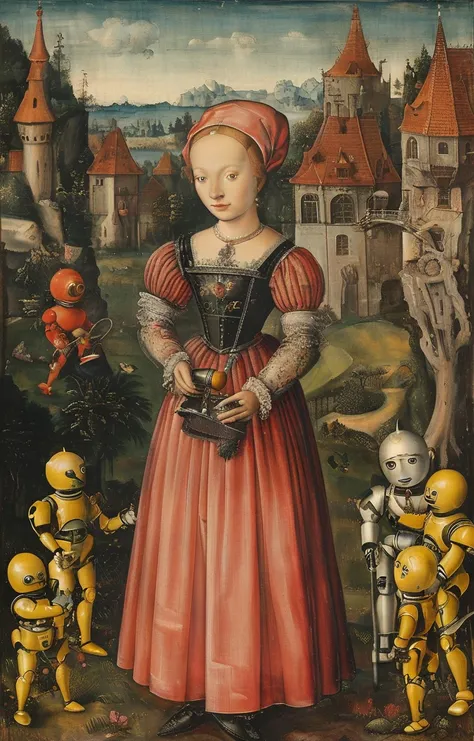 masterpiece,best quality,<lora:tbh282-sdxl:0.9>,illustration,style of Lucas Cranach the Younger portrait of Housework robots