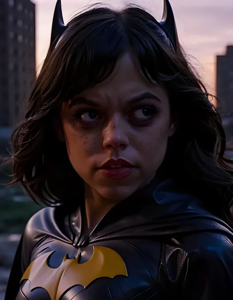 In a gritty, neo-noir cityscape at dusk, the camera captures a striking close-up of Batgirl, her black hair cascading down her shoulders in loose waves as it catches the fading light. Her eyes, a piercing black, are intense and focused, fixated on the view...