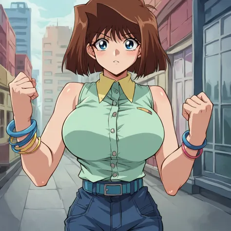 score_9, score_8_up, score_7_up, source_anime, BREAK, uncensored,  <lora:Anzu_Mazaki:1> brown hair, short hair, blue eyes, large breasts,  bracelet, light green sleeveless buttoned shirt with dark yellow collar, blue and pink bracelets, navy blue shorts, l...