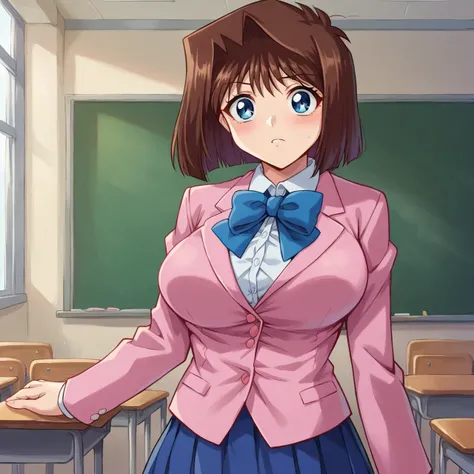 anime girl in a pink jacket and blue skirt in a classroom