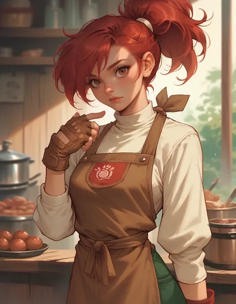 score_9, score_8_up, score_7_up,  <lora:Aria_-_Adventure_Quest:0.6> aia_aria_aq, red hair, ponytail, brown apron, fingerless gloves, green skirt, long sleeves, brown eyes, solo, looking at looking at viewer,