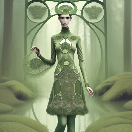 Retro french fashion magazine spread, ultra creative, elaborate details, mod, art nouveau, natural, mist, green, swamp, atmospheric