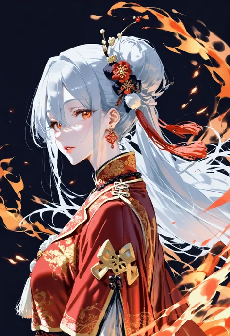 score_9, score_8_up, score_7_up, 1girl, bangs, hanfu, chinese clothes, tassel earrings, fire, floating hair, from side, hair bet...