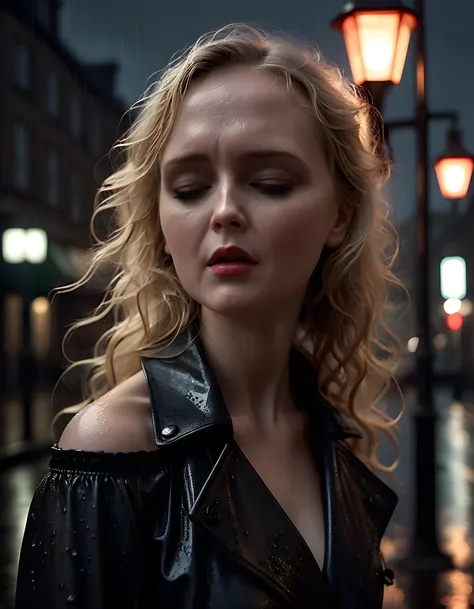 In a gritty, neo-noir setting of rain-drenched streets at twilight, the close-up image captures n4t4714, a striking woman with long, wavy blonde hair cascading down her shoulders, her eyes closed in deep introspection. She is adorned in a unique outfit con...