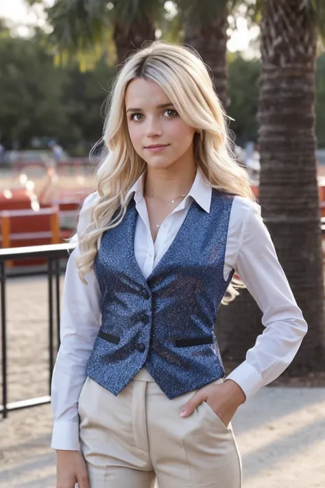 photo of L1nds4yBr3w3r_HM-140, a woman, perfect hair, (modern photo), wearing button-up shirt, vest, slacks, 50mm short telephoto (analog, cinematic, film grain:1.3), Holographic Amusement Park, Park with holographic rides, characters, and fantastical sens...