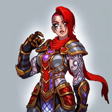 score_9, world of warcraft, (human), woman, paladin, black tattoos, red hair, undercut, red scarf, silver armor, gold trim, chainmail tabard, gauntlets, armored boots, muscular