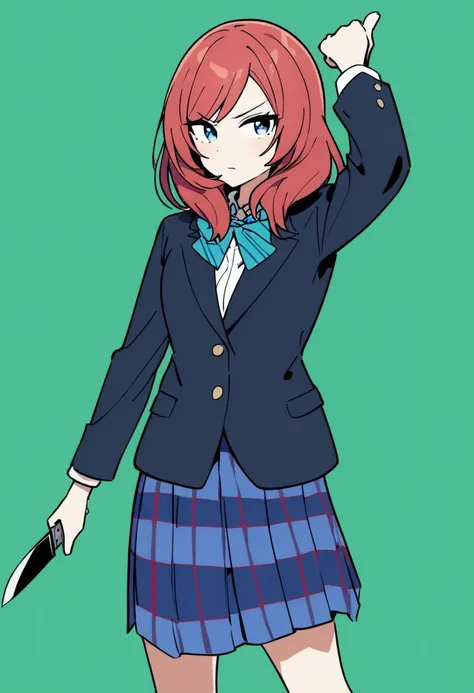 1girl, solo, nishikino maki, otonokizaka school uniform, holding one knife, simple green background, masterpiece, newest, absurdres, safe  <lora:marine-transXL-xl_to_mapobeta_locon:1>