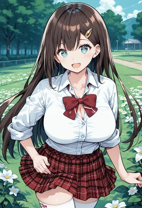 1girl, solo, field, (cowboy shot:1.2), smile, open mouth, large breasts
saotome_noan, blue eyes, brown hair, long hair, yellow hairclip, hair ornament, cleavage, school uniform, white shirt, collared shirt, red skirt, plaid skirt, pleated skirt, white thig...