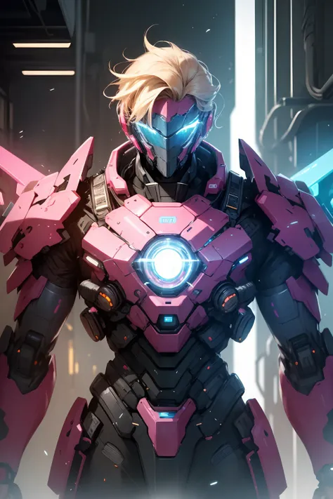 best quality,masterpiece,light particles,scifi,pink and blue holographic colors,cartoon rendering,cinematic shot,1boy,beautiful,black armour,mecha,cyberpunk,blonde hair