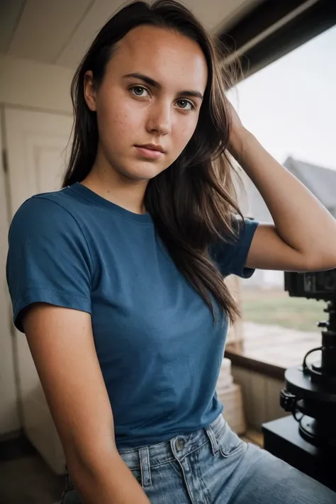 photo of L1l0M41_HM-135, a woman, perfect hair, (modern photo), wearing crew neck t-shirt and jeans, 50mm medium telephoto (analog, cinematic, film grain:1.3), Martian Weather Station, Outpost studying Martian atmosphere, weather patterns, and climate chan...