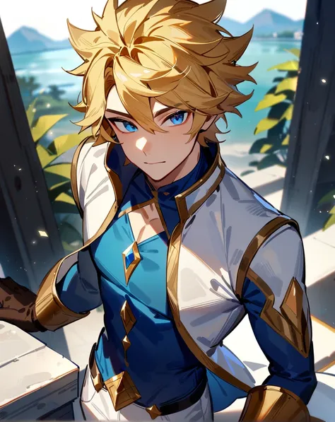 1boy, solo, male only, male focus, cowboy shot, <lora:ezreal_sdxl_lora:1>, (ezreal, blonde hair, short hair, spiked hair, blue eyes), thight clothes, pants, white jacket, blue shirt, white_pants, light_particles, gloves, outdoors, looking at viewer, master...