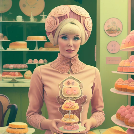 Photo portrait of woman, mod beehive hairstyle, in a bakery surrounded by delicious sweets and treats, art nouveau clothing, muted pastels, soft light