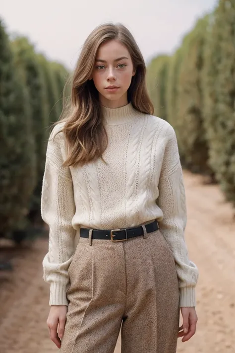 photo of L4ur3nD3Gr44f_HM-135, a woman, perfect hair, (modern photo), wearing long sleeve sweater, long pants, 28mm short telephoto (analog, cinematic, film grain:1.3), Mars Terraforming Site, Area for Mars terraforming with technologies to transform the p...