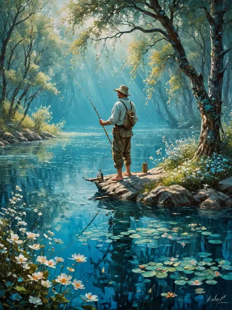 a fisherman,lake,cristal clear water,beautiful trees,beautiful flowers,blue light,romanticism art,(landscape art stylized by kar...