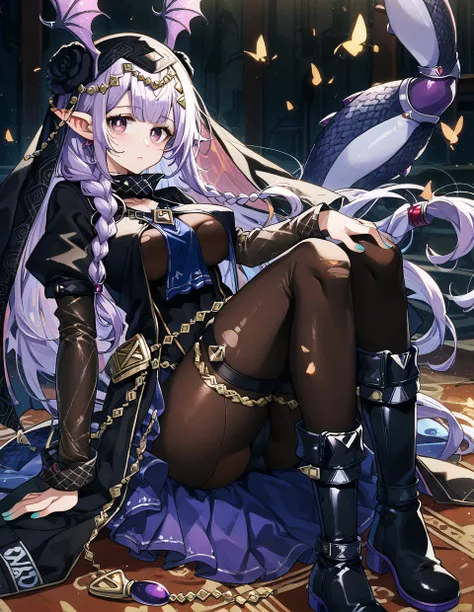 close-up,1girl,solo,<lora:manticore(arknights)_pony:1>,manticore(arknights),pointy ears,twintails,long hair,hair ornament,light purple hair,bat wings,head wings,scorpion tail,braid,
veil,pantyhose,leotard,bodystocking,black dress,black coat,black legwear,b...