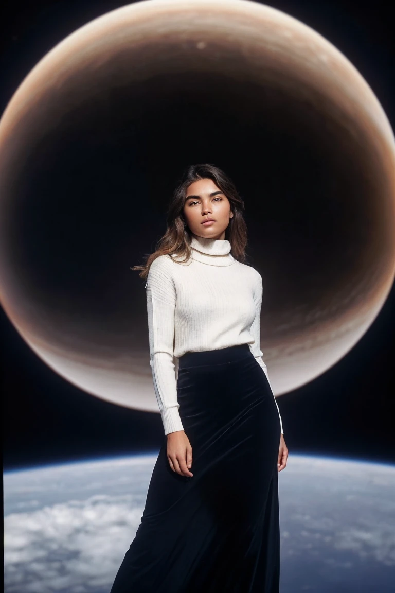 photo of Kyr4S4nt0r0_HM-135, a woman, perfect hair, (modern photo), wearing turtleneck sweater and maxi skirt, 70mm medium telephoto (analog, cinematic, film grain:1.3), Gas Giant Sky Platform, Floating platform in a gas giant with atmospheric views., deta...