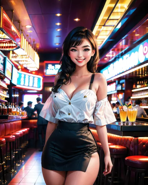 3DMM bedroom, Beautiful Waitress, High-rise_restaurant_interior, Neon lights, bar, booths, wide_hips, Thick_ass, tube_top, smile, holding_tray, <lora:Lumina_Style:1>