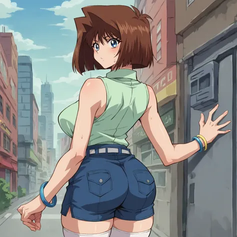 anime girl in short shorts and a green shirt standing on a city street