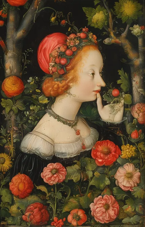 masterpiece,best quality,<lora:tbh282-sdxl:0.9>,illustration,style of Lucas Cranach the Younger A bottle of perfume in garden