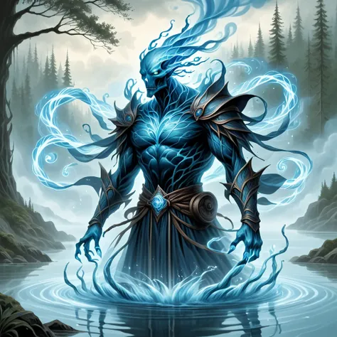 Spirit Magic, a water elemental in a lake during a thunderstorm