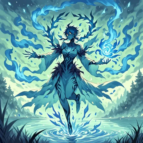 Spirit Magic, a water elemental in a lake during a thunderstorm