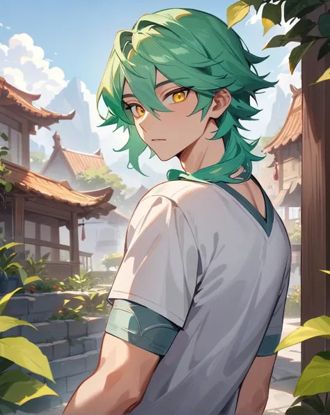 1boy, solo, male only, male focus, upper body, <lora:ezreal_sdxl_lora:1>, (ezreal, green hair, yellow eyes), outdoors, looking at viewer, masterpiece, best quality, very aesthetic, absurdres, very detailed, sensitive, <lora:Lightning-8:0.5>