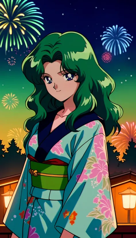 masterpiece,best quality,very aesthetic,ultra detailed,intricate details,<lora:Sailor Neptune XL:0.9>,Sailor Neptune XL,1990s (style),1girl,solo,green eyes,long hair,green hair,kimono,firework background,cowboy shot,happy,