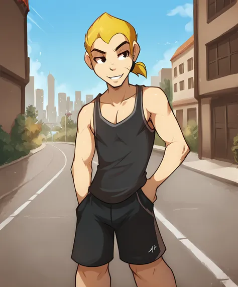 score_9, score_8_up, score_7_up,score_6_up,score_5_up
BREAK
solo, male human, medium hair, flat chest, (seductive, smug), tank top, gym shorts, (outdoors, city), 
BREAK
<lora:Keiren-Twokinds-SDXL-AnonTK-V2:1>, keiren-twokinds, human