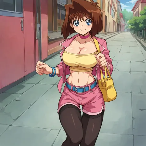 anime girl in pink outfit walking down a street with a yellow purse