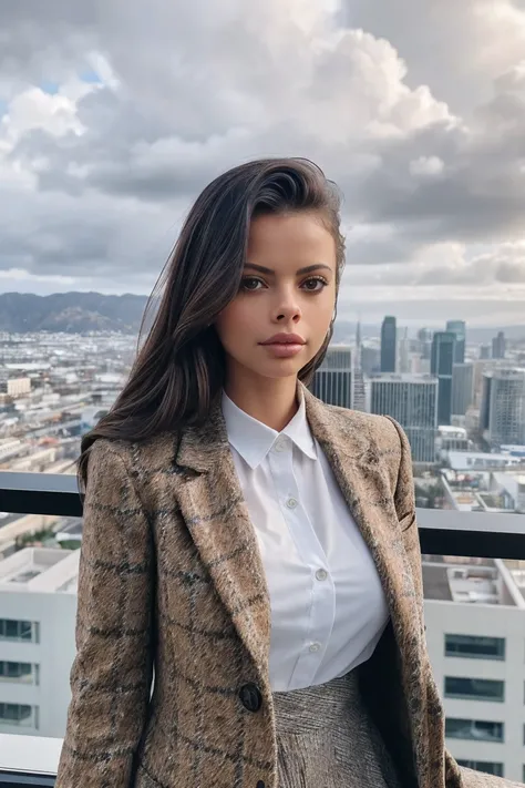 photo of K4t13B3ll_HM-135, a woman, perfect hair, (modern photo), wearing tweed coat, blouse, long skirt, 50mm short telephoto (analog, cinematic, film grain:1.3), Cloud City, City suspended in a gas giants clouds offering atmospheric views., detailed eyes...