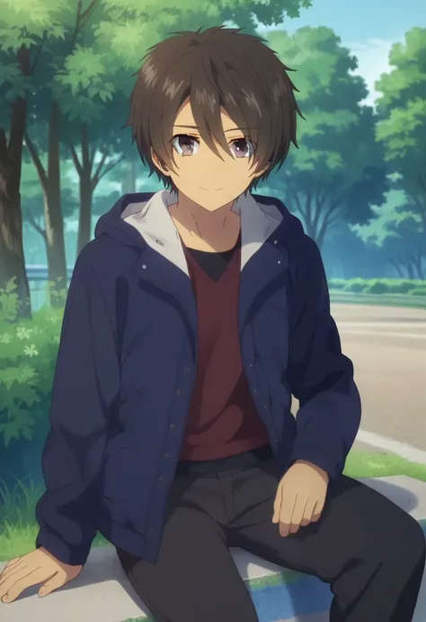 score_9, score_8_up, score_7_up, source_anime, highly detailed, 
tsumugu, 1boy, male focus, solo, jacket, outdoors, hood, hair between eyes, red shirt, looking at viewer, pants, tree, shirt, sneakers, black eyes, dark brown hair, smile,
outdoor, sit,