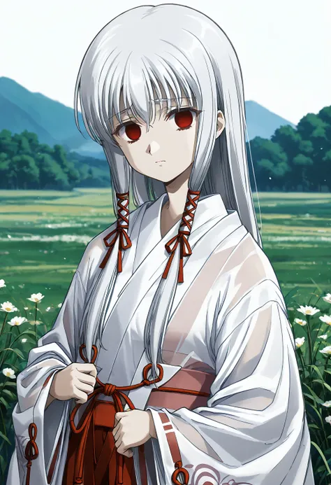 1girl, solo, field, sky, upper body, embarrassed, empty eyes, 
kuon_mio, red eyes, white hair, long hair, hair ribbon, tress ribbon, pale skin, albino, japanese clothes, white kimono, red hakama, see-through, <lora:kuon_mio_pony_ver1:0.8>, score_9, score_8...