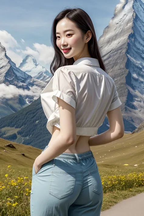 Asian woman, closeup, (shirt), pants, (matterhorn), (), smiling , KM_seo-hyeon, wide shoulders, perfect face, (contact iris: 1.1), pale skin, skin pores , depth of field