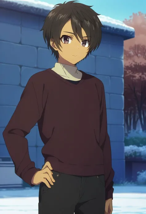 score_9, score_8_up, score_7_up, source_anime, highly detailed, 
tsumugu, 1boy, male focus, solo, hand on hip, pants, looking at viewer, sweater, dark skin, long sleeves, black eyes, dark brown hair,upper body,
outdoor,