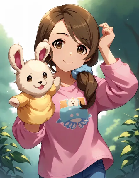 score_9, score_8_up,score_7_up,1girl,solo,cowboy shot,looking at viewer,smile,
<lora:mochidaarisa_ponyXLV6:0.8>,cgmar,brown hair,long hair,low ponytail,hair scrunchie,brown eyes,hand puppet