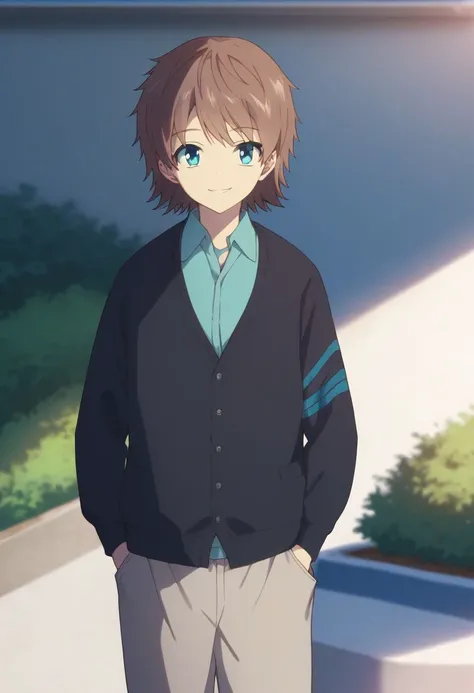 score_9, score_8_up, score_7_up, source_anime, highly detailed, 
kaname, solo, brown hair, upper body 1boy blue eyes shoes, male focus, pants, shirt,
smile, grey pants, blue shirt, collared shirt, cardigan,
outdoor,