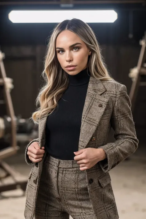 photo of M4xx1n3Dupr1_HM-140, a woman, perfect hair, (modern photo), wearing tweed coat, blouse, khaki pants, 28mm short telephoto (analog, cinematic, film grain:1.3), Rover Repair Station, Facility for Mars rover maintenance, diagnostics, spare parts, and...