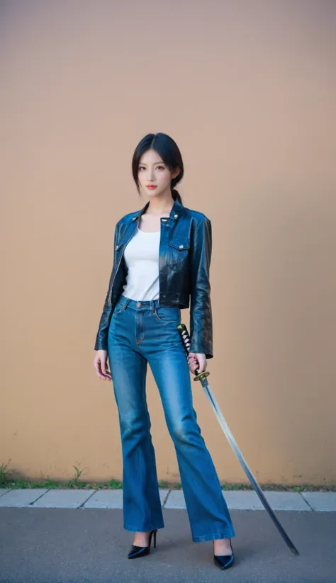 woman in jeans and a leather jacket holding a sword