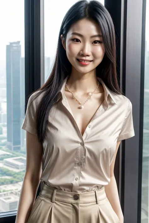 Asian woman, closeup, (shirt), pants, (skyscraper window), pearl necklace , smiling , KM_tamara, wide shoulders, perfect face, (contact iris: 1.1), pale skin, skin pores , depth of field